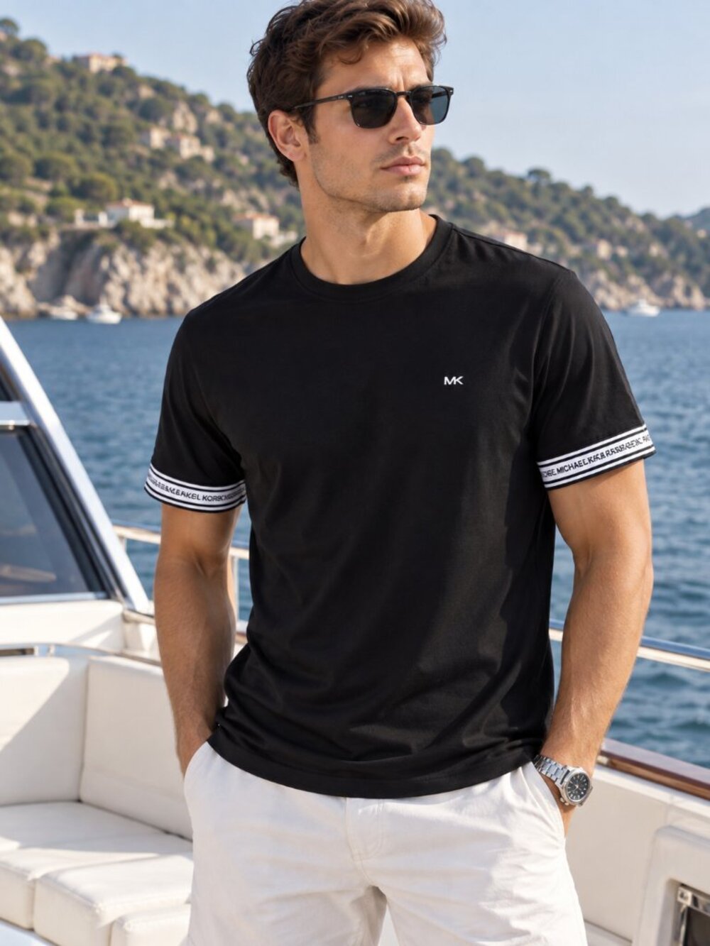 Michael Kors Men's Black Logo Sleeve Trim Crewneck T-Shirt NWT Size M
